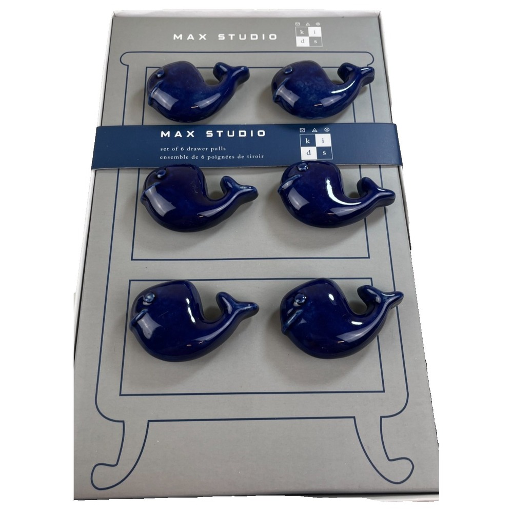Max Studio Kids Whale Drawer Pulls Set of 6 Blue Ceramic Nautical Knobs Handles